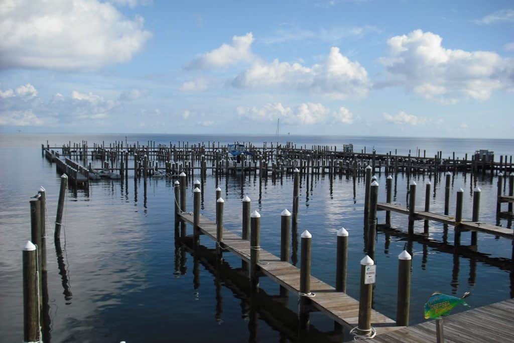 Mobile Bay in Mobile, Alabama with many wooden docks jutting into the water.