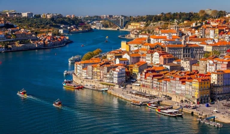 Prettiest Places in Porto 61 Ribiera district in Porto, Portugal, seen from an aerial perspective.