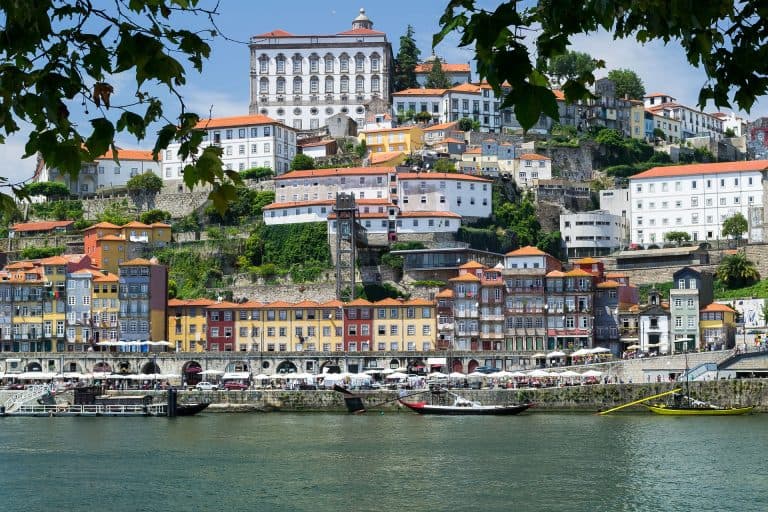 Things to do in Portugal with Kids 54 Porto Ribiera district seen from across the river through some leaves.